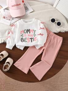 Bhchntiy 2pcs Baby Girl Autumn/Winter New Style Mom Is My Best Friend Colorful Letter Print Bow Ribbon Crew Neck Sweatshirt And Pants - White - View 2