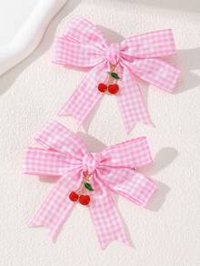 2pcs/8pcs Women's Fashionable College Style Pink Red Blue Black Dual-Color Checkerboard Bow Hair Clips, Cherry Pendant Checkerboard Hair Clips, Cute Hair Accessories For Campus Daily Wear, Birthday Party, Suitable For Daily Party Gathering Decoration And Matching - Multicolor - View 5