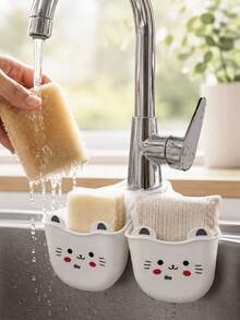 4pcs Set, 3 Random Color Cleaning Brushes + 1 Storage Rack, Suitable For Bathroom, Kitchen, Sink Organization, Durable Sponge Storage Rack, Bathtub And Shower Drain Rack, Decorative Sink Storage Rack, Halloween Gift, Christmas Gift, Birthday Gift, Party Favor - Multicolor - View 5