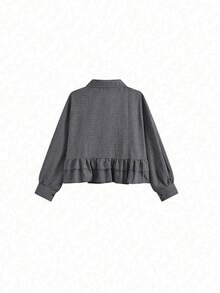 Plaid Ruffle Trim Long Sleeve Blouse Tops, Spring New Arrival Black - Black - View 4