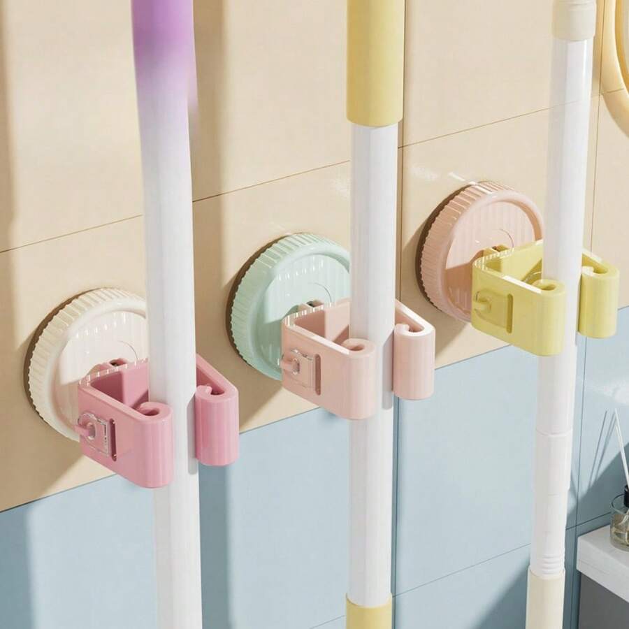 1pc Colorful Wall-Mounted Mop Holder, Heavy Duty Suction Cup Wall Rack For Home Kitchen Bathroom, Cleaning Tool Storage Organizer Clip Hook, Multi-Function Caddy Shelf - Multicolor - View 1