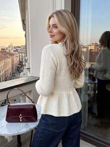 Autumn Cream V Neck Knit Cardigan For Women Frog Button Peplum Hem Long Sleeve Fuzzy Soft Knit Tops Casual Fall Daily Outfits - White - View 3