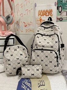 3Pcs Bow Print Corduroy Backpack Set, Large Capacity Student School Backpack With Crossbody Bag & Pencil Pouch For Teen - Multicolor - View 12
