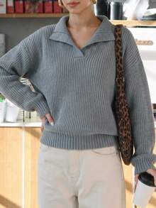 Women Fall Winter Grey Sweater Polo Collar Loose Fit Casual Back To School, Street, Shopping, Daily Wear - Grey - View 6