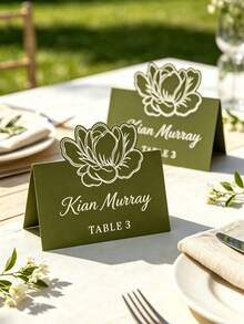 Customized Paper Name Wedding Place Cards, Olive Green Floral Die-Cut Tent Style Table Name Cards, Wedding Banquet Reception Party Table Decor, Suitable For Wedding Banquet, Dinner Party Table Decoration - Multicolor - View 2