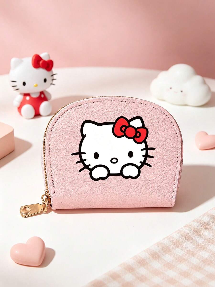 SANRIO Dompet Kartu Kredit Lipat Motif Hello Kitty, Dompet Mini Kulit PU Tekstur Leci dengan Banyak Slot Kartu & Dompet Koin Berresleting, Kantong Berresleting Portabel - MultiWarna - View 1