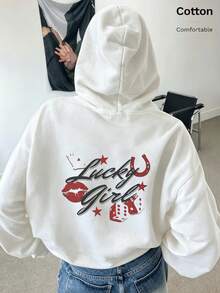 Oversized Women's Sweatshirt For Autumn/Winter, Long-Sleeve Hoodie With Pockets, Casual Top, Y2K Style, Daily Letter Graphic Print, Unisex, Streetwear - White - View 10