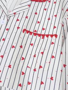 Women's Striped Heart Print Long Sleeve Long Pants Bubble Crinkle Pajama Set - Red - View 3