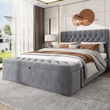 Upholstered Bed,King Size Bed,With Hydraulic Lever, Functional Storage Bed, Rivet Decoration, Without Mattress, Linen - Grey + Velvet + 135cm*190cm - View 12