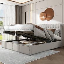 Upholstered Bed,King Size Bed,With Hydraulic Lever, Functional Storage Bed, Rivet Decoration, Without Mattress, Linen - LIGHT GREY + Linen + 135cm*190cm - View 4