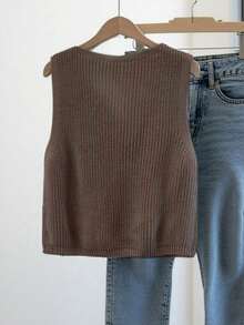 Women's V-Neck Knit Vest, Simple Versatile Daily Wear, Spring Summer Autumn Fashion Item, Button Front Open Sleeveless Cardigan Knit Top Fall - Brown - View 6