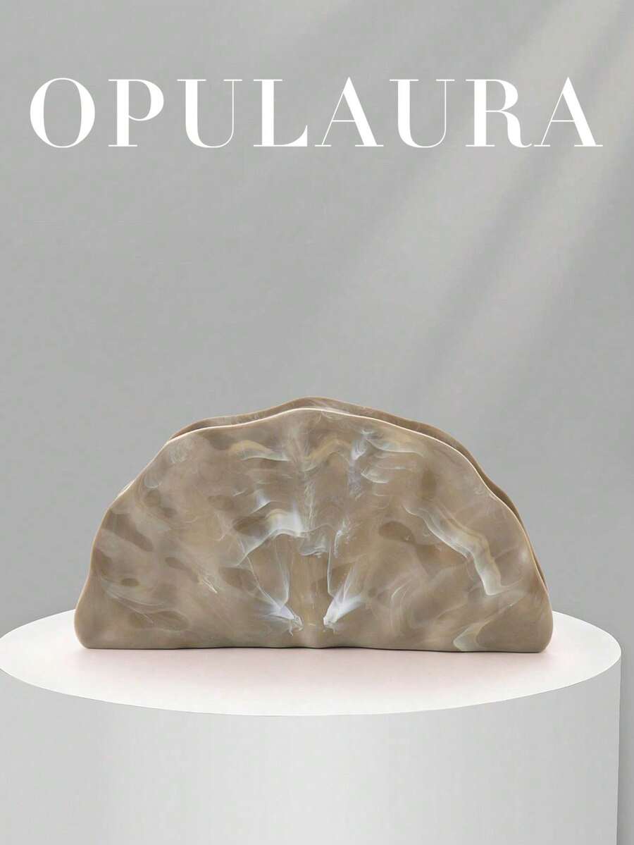 OpulAura Retro Shell-Shaped Textured Metal Color Clutch Bag, Asymmetric Design With Magnetic Closure, Suitable For Parties, Wedding Items - Apricot - View 1