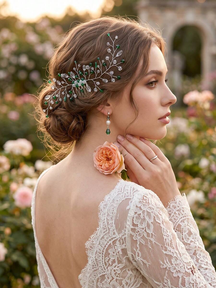 1pc Green Crystal Beaded Hair Comb Elegant Bridal Wedding Hair Vine Fairy Prom Party Hair Accessories