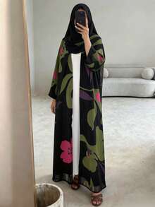Women Abstract Print Open Front Abaya+Hijab Long Sleeve Maxi Outerwear, Modest Loose Fit Abaya - Multicolor - View 3