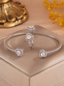rakol 2pcs Fashion Cubic Zirconia Asymmetrical Decor Ring & Bracelet Set - Heart-shaped - View 6