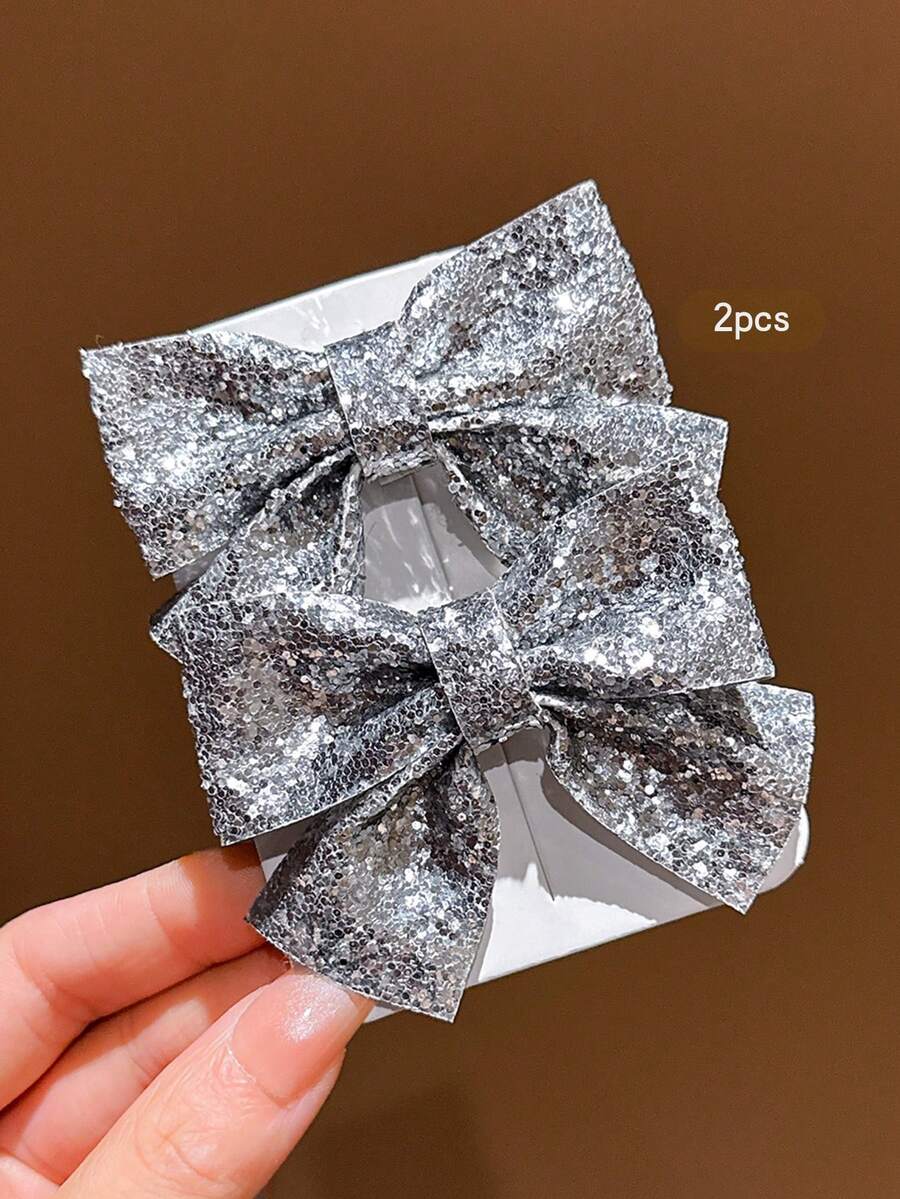 2pcs Korean Style Minimalist Silver Bow Hair Clips, Suitable For Daily Wear Hair Accessories
