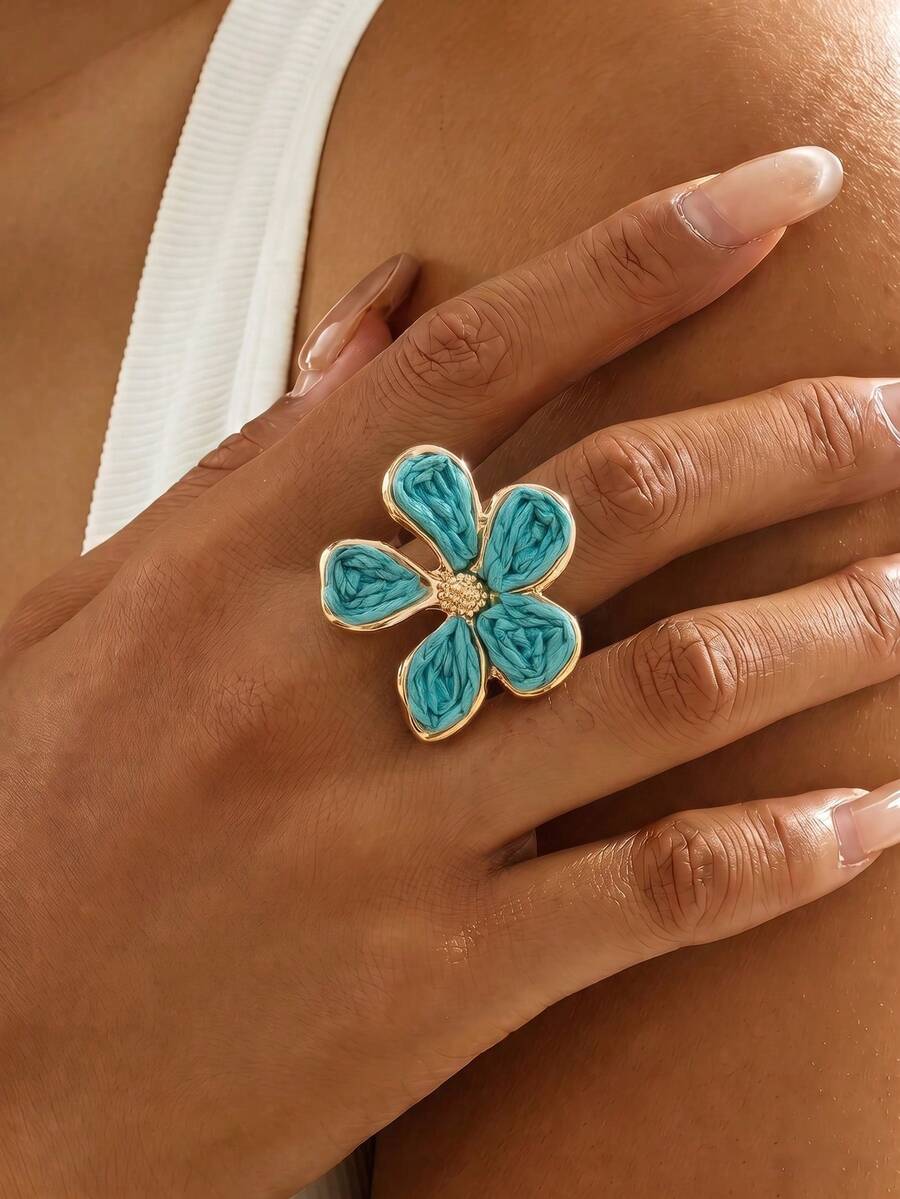 1pc Bohemian Vacation Style Raffia Asymmetrical Flower Ring, Suitable For Women Beach Outing Daily Outfit Matching Versatile Accessory - Green - View 1