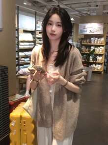 韓国風 レディース ニットカーディガン ベージュ 長袖 ゆったりシルエット 羽織り 体型カバー カジュアル 秋冬 通勤 お出かけ - カーキ - チェックする 9