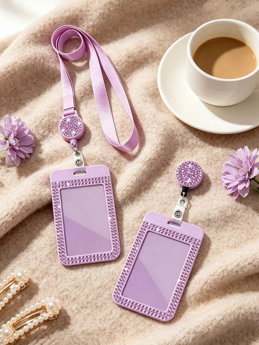 Purple Sparkling Rhinestone ID Card Holder With Lanyard, ID Card Storage Box, Anti-Loss Lanyard, Student ID Card Holder, Self-Service Restaurant Card Holder, Sliding Cover, Dual Card Slots, Bus Card Holder, Bank Card Holder, Metro Card Storage, Adjustable Portable ID Card Holder Decorative Keychain, Suitable For Office Workers And Students, Perfect Gift, Back To School Gift, Couple Card Holder, Bank Card Holder, Travel Essential, Back To School, Commuting, Business Trip, Teacher's Day Gift - Multicolor - View 1