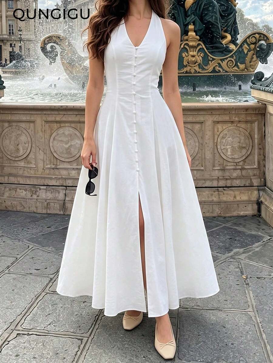 女款優雅V領長洋裝,前襟鈕扣設計,夏季婚禮派對晚禮服 - 白色 - 查看 1