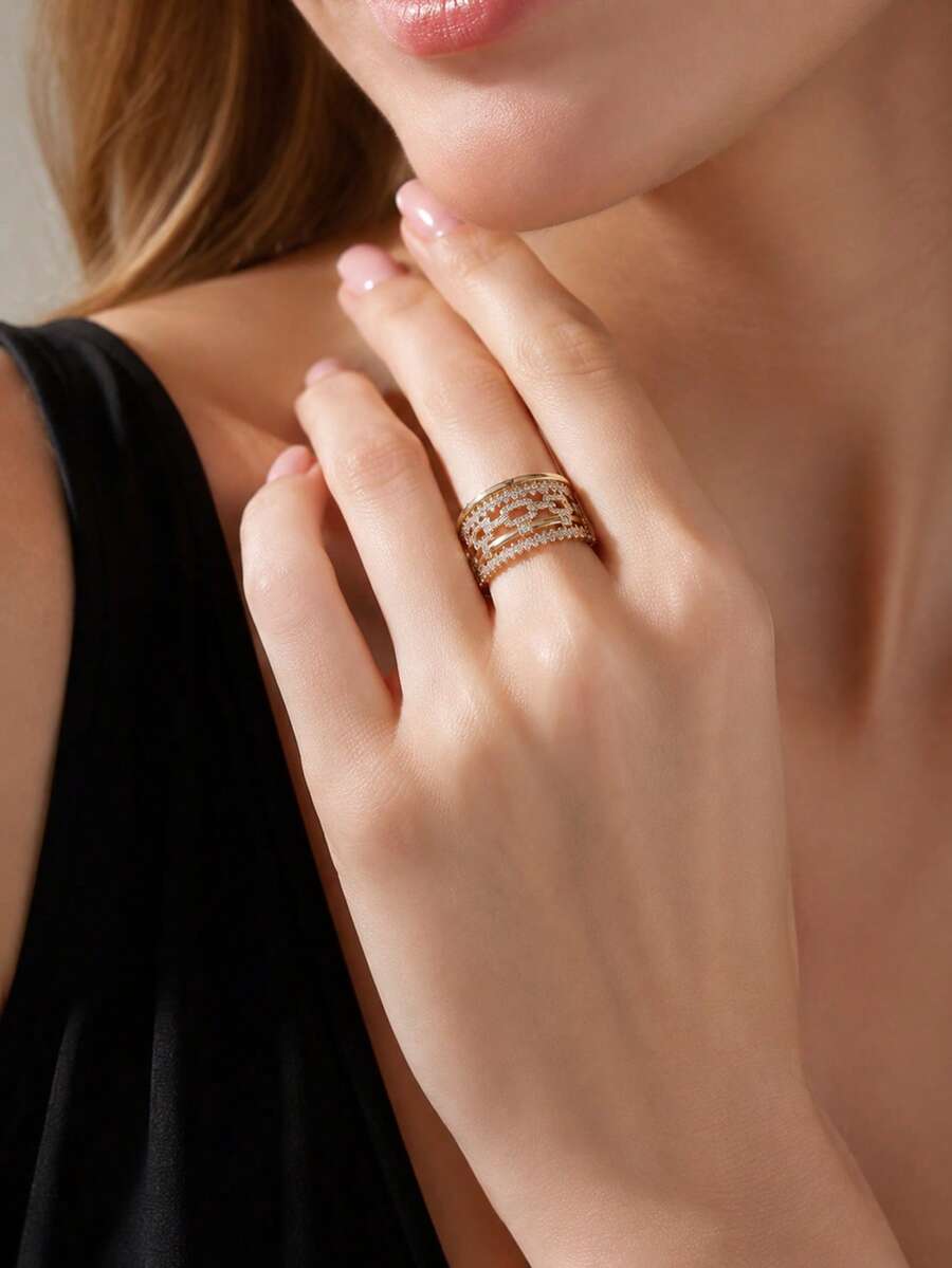 1pc Chain Style Cubic Zirconia Women's Ring, Gold & Silver Dual Tone Open Adjustable Band, Daily Wear Gift For Girlfriend - Chain Link - View 1