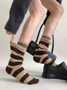 2 Pairs Autumn/Winter 2 In 1 Design Striped Slouch Mid-Calf Socks, Warm Layered Loose Fit Calf Socks - Multicolor - View 2