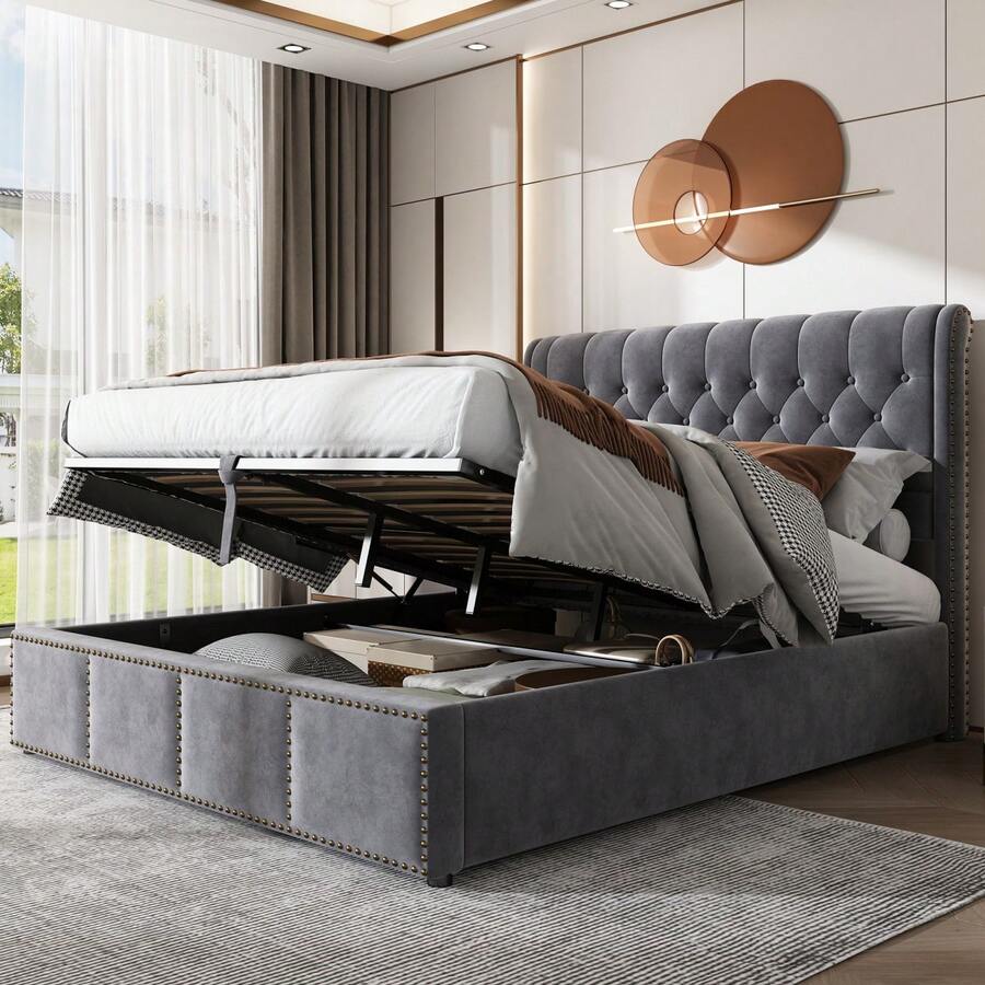 Upholstered Bed,King Size Bed,With Hydraulic Lever, Functional Storage Bed, Rivet Decoration, Without Mattress, Linen - Grey + Velvet + 180cm*200cm - View 1