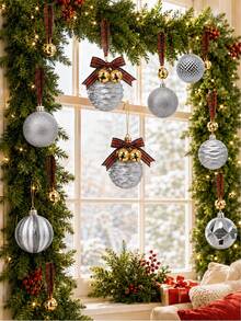 1/6/12/24pcs Silver Christmas Ball Ornament Set With Gold Bells And Plaid Ribbons, Assorted Color Christmas Tree Hanging Balls, DIY Holiday Decoration For Gift Wrapping, Fireplace, Home And Holiday Party Decor - Multicolor - View 4