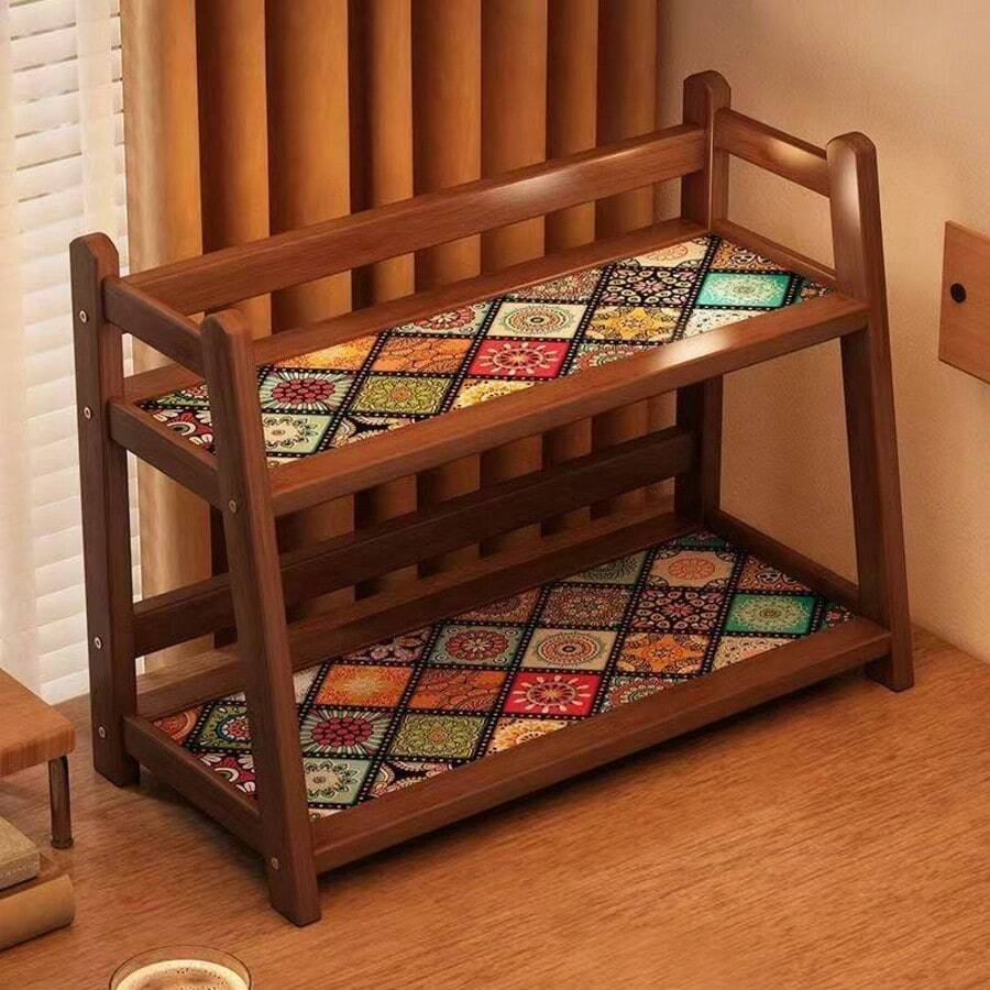 1pc Double Layer Bamboo Perfume Rack Desktop Organizer, Cosmetic Storage Rack, Display Stand, Painted Surface, Luxury Home Decor, Suitable For Kitchen Counter, Entryway, Coffee Corner, Dining Table, Bedroom And Vanity Storage And Organization - Brown - View 1