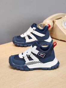 Teens' Fashionable Contrast Color Hook And Loop Sports Shoes - Shock Absorbing Anti-Slip Breathable Mesh Sneakers, Suitable For Outdoor Running And Walking, All Season Wear - Navy Blue - View 2