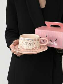 Juego de taza y platillo de cerámica, patrón de cisne lindo, esquema de color rosa, taza de café, taza de té, taza de desayuno, taza de leche, taza de agua, adecuado para el hogar, fiesta, oficina, cafetería, restaurante, regalo de cumpleaños perfecto para amigos y familiares - Multicolor - Ver 1