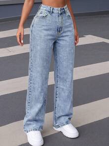 Women's Light Blue Mid-Waist Slim Fit Straight Leg Casual Pants & Versatile Washed Denim Spring Fall - Blue - View 3