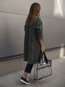 女款秋冬深灰色慵懶軟綿鬆弛中長版前開襟百搭通勤街頭層次穿搭顯瘦休閒針織外套 - 深灰色 - 查看 3