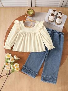 Setelan Atasan Ruffle Bordir Cherry dan Celana Jeans Denim untuk Anak Perempuan, 2 Potongan Pakaian Lucu dengan Rumbai Cherry di Bagian Bawah untuk Musim Semi dan Gugur - MultiWarna - View 3