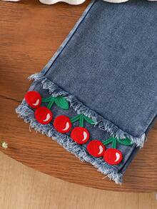 Setelan Atasan Ruffle Bordir Cherry dan Celana Jeans Denim untuk Anak Perempuan, 2 Potongan Pakaian Lucu dengan Rumbai Cherry di Bagian Bawah untuk Musim Semi dan Gugur - MultiWarna - View 10