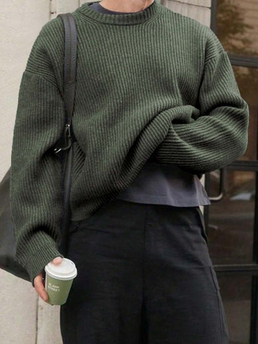 Lightweight Casual Textured Knit Sweater, Minimalist Design, Loose Fit Crew Neck Pullover For Unisex, Suitable For Autumn/Winter - Olive Green - View 1