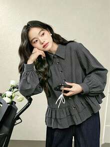 Plaid Ruffle Trim Long Sleeve Blouse Tops, Spring New Arrival Black - Black - View 2