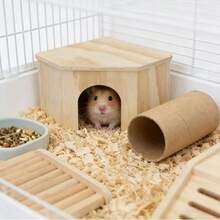 Natural Wood Hamster Hideout, Multi-Hole Small Pet Wooden Shelter, Breathable Cave Nest, Cage Decoration - A - View 5