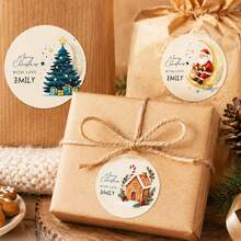 35-350pcs Custom Christmas Moon Name Stickers, Personalized Round Holiday Gift Labels, Whimsical Santa Reindeer Style, Customized Christmas Gift Stickers, Customizable Name Seals, Gift Wrapping Decor, Holiday Party Favors, Round Stickers, Family - Multicolor - View 4