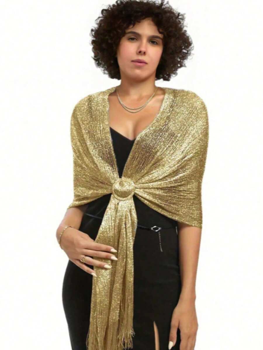 1件亮面金屬感披肩,配圓形扣環與流蘇裝飾,適合晚宴派對、婚禮圍巾 - 淺黃色 - 查看 1