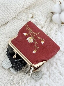時尚花卉刺繡外觀,多功能且緊湊設計,附夾式開關,便攜式零錢包與卡包 - 酒紅色 - 查看 6