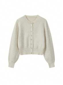 Mori Autumn/Winter Women's Y2K Fashion Cream/Beige Mixed Color Plush Knit Cardigan, Button Round Neck Crop Top, Streetwear Style Fall - Brown - View 7