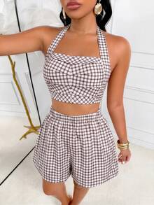 AIJ Women's Cute Plaid Print 2 Pieces Set, Halter Tie Back Shirred Cropped Top & Elastic Waist Shorts, Autumn Brown & White Casual Vacation Style Matching Outfit, Suitable For Beach, Outings, Holidays - Brown - View 7