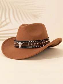 Men Retro Western Cowboy Hat, Bull‑Head Studded Wide Brim Felt Hat, Halloween Christmas Party Costume Accessory - Multicolor - View 10