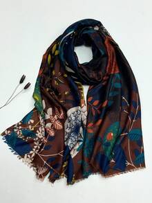 1pc Simple Printed Women's Scarf, Fashionable New Style Sun Protection Beach Shawl, Silk-Like Linen Feel Wrap - Coffee Brown - View 1