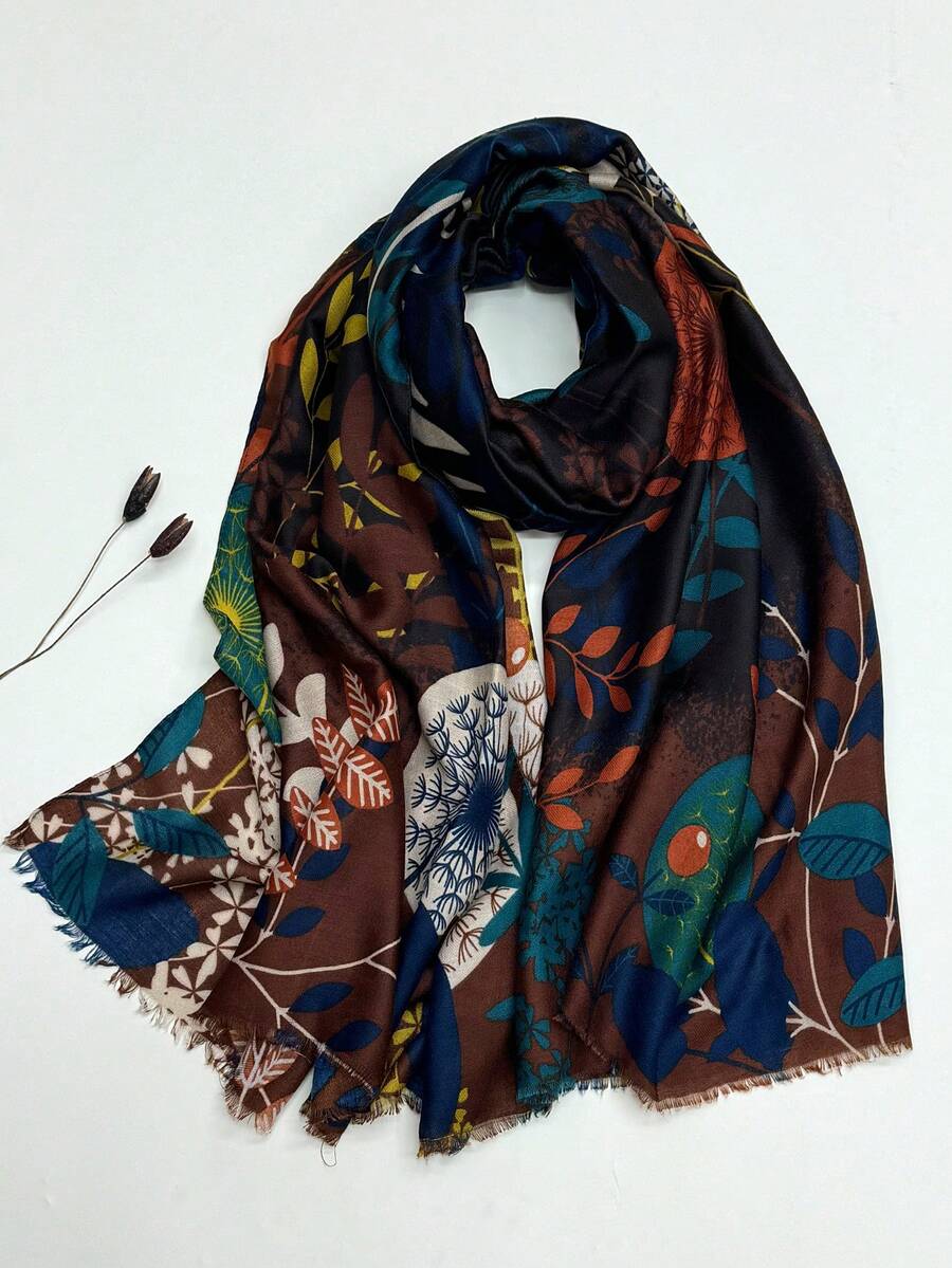 1pc Simple Printed Women's Scarf, Fashionable New Style Sun Protection Beach Shawl, Silk-Like Linen Feel Wrap - Coffee Brown - View 1