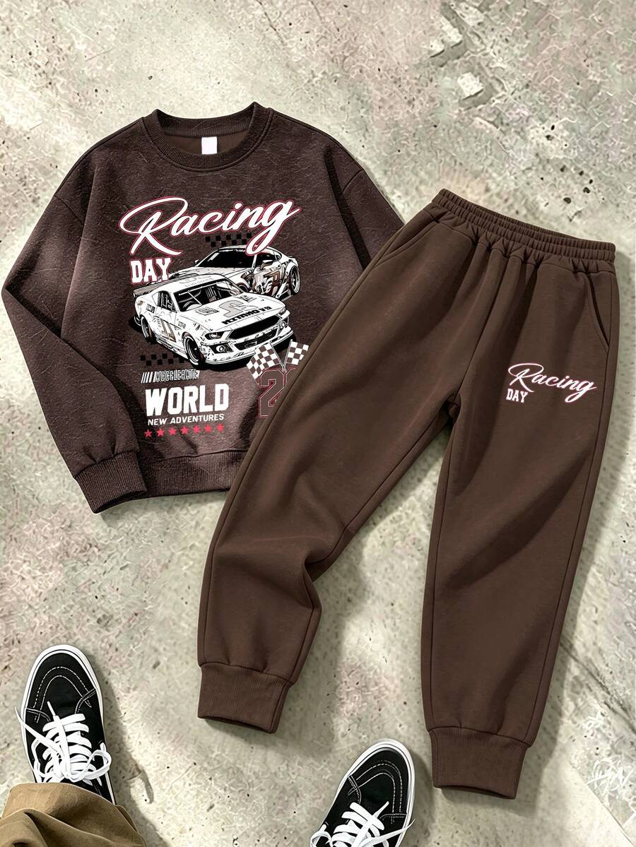 American Street Casual Boys' Racing Graphic Print Sweatshirt And Sweatpants 2-Piece Set, Suitable For Spring/Autumn, School, Shopping, Sports And Other Occasions - Brown - View 1