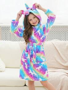 Tween Girls' Rainbow Starry Sky Unicorn Print Hooded Bathrobe - Multicolor - View 5