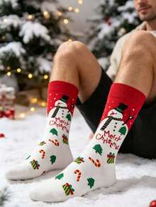 1 Pair Of Crew Sock, Men Funny Graphic Socks, Christmas Snowman Gift Box Candy Cane Pattern Socks, Soft Breathable, Christmas Gift For Men & Women - Multicolor - View 3