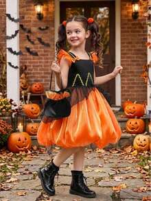 Young Girls Thick Strap Woven Ribbon Bow Organza Elegant Halloween Party Puff Princess Dress Suitable For Ball, Includes Bag, No Headband - Orange - View 4